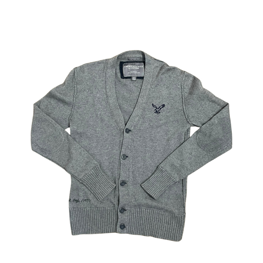 American Eagle Men's Sz S V-Neck Button Cardigan Exposed Seams Knit Gray Grandpa